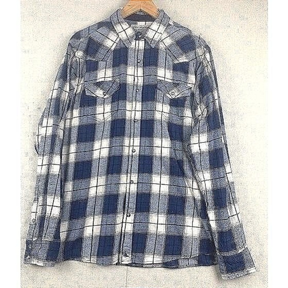 Cody James Mens Blue White Plaid Western Snap Flannel Shirt Size Large‎ Long Slv